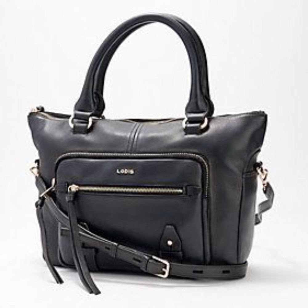 LODIS Ellie Large Leather Black Crossbody Purse Gold Hardware Sport Satchel
